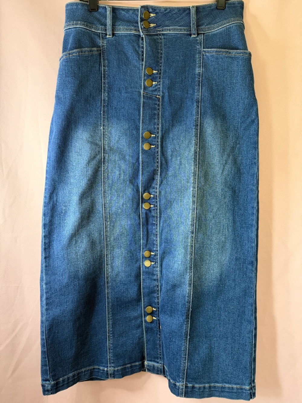 High-Rise Dark Blue Denim Midi Skirt with Front Buttons